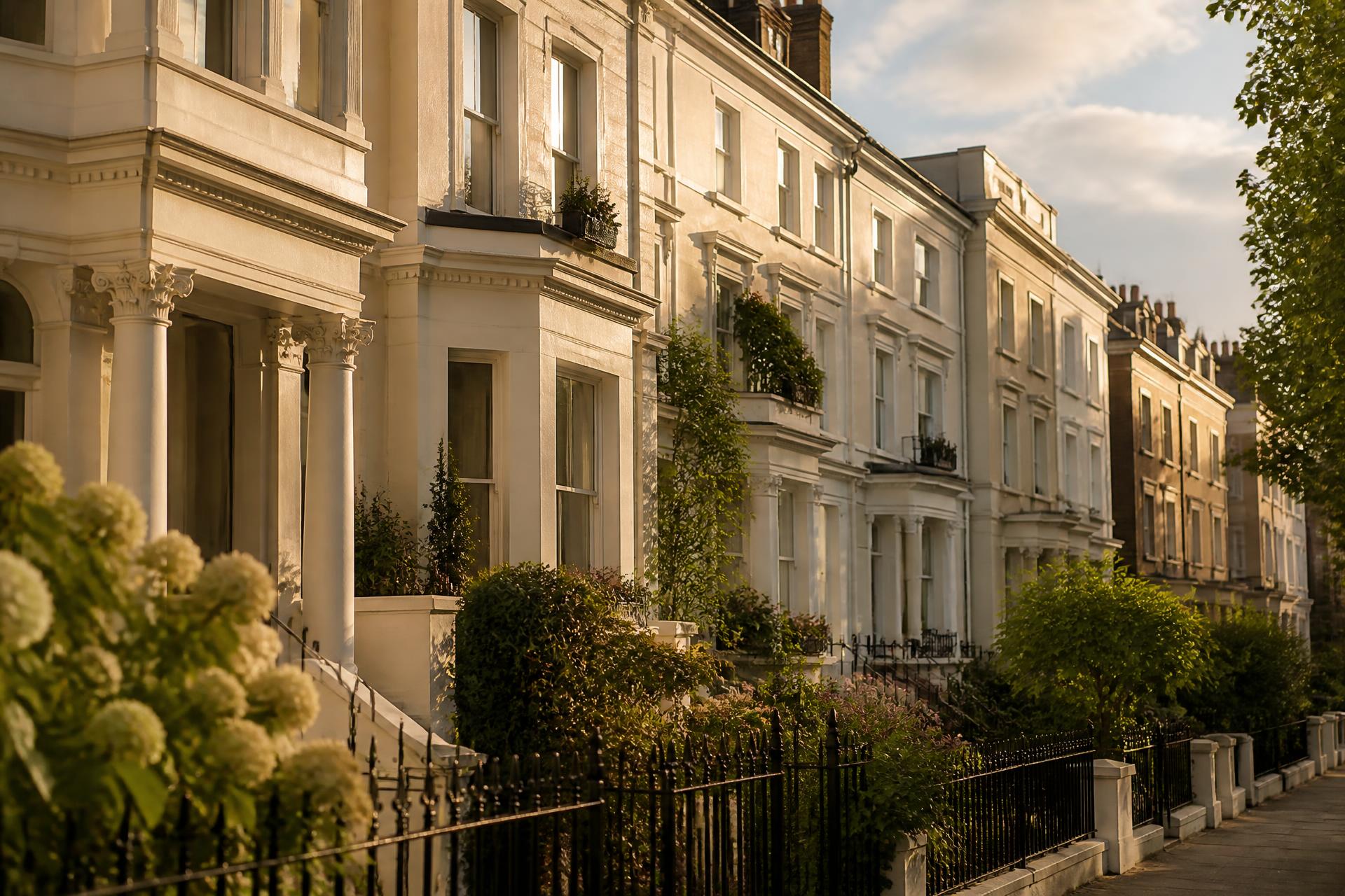 Cream Victorian townhouses on a leafy North London street in golden afternoon light