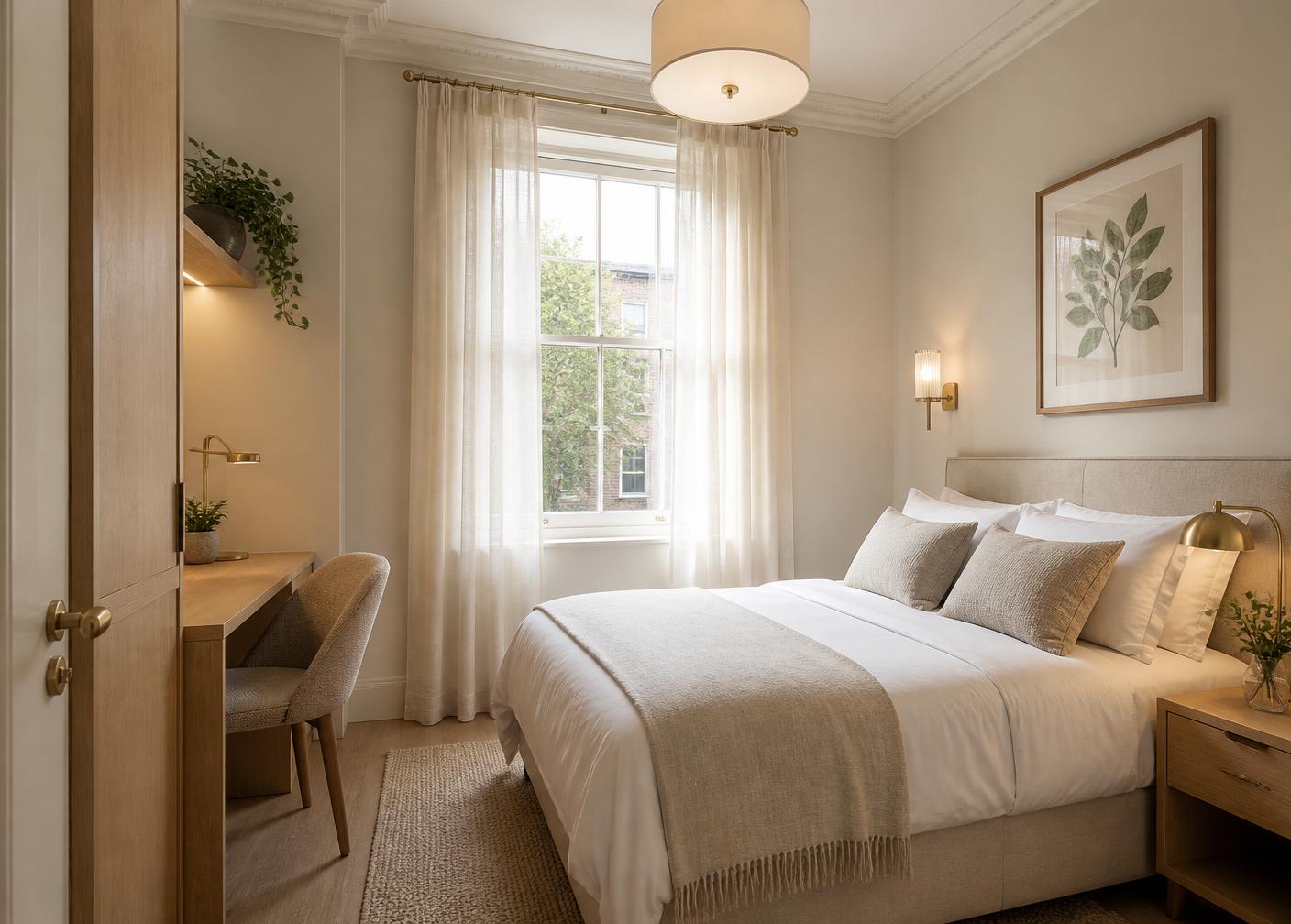Boutique serviced accommodation bedroom in cream and oak