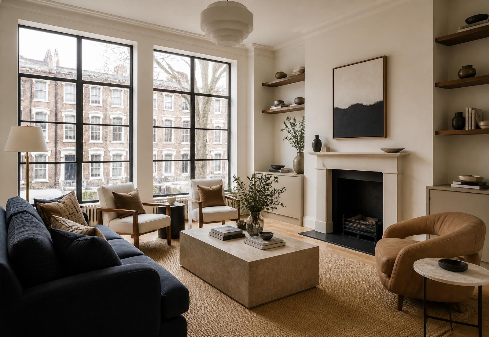 Tastefully renovated London living room with crittall windows