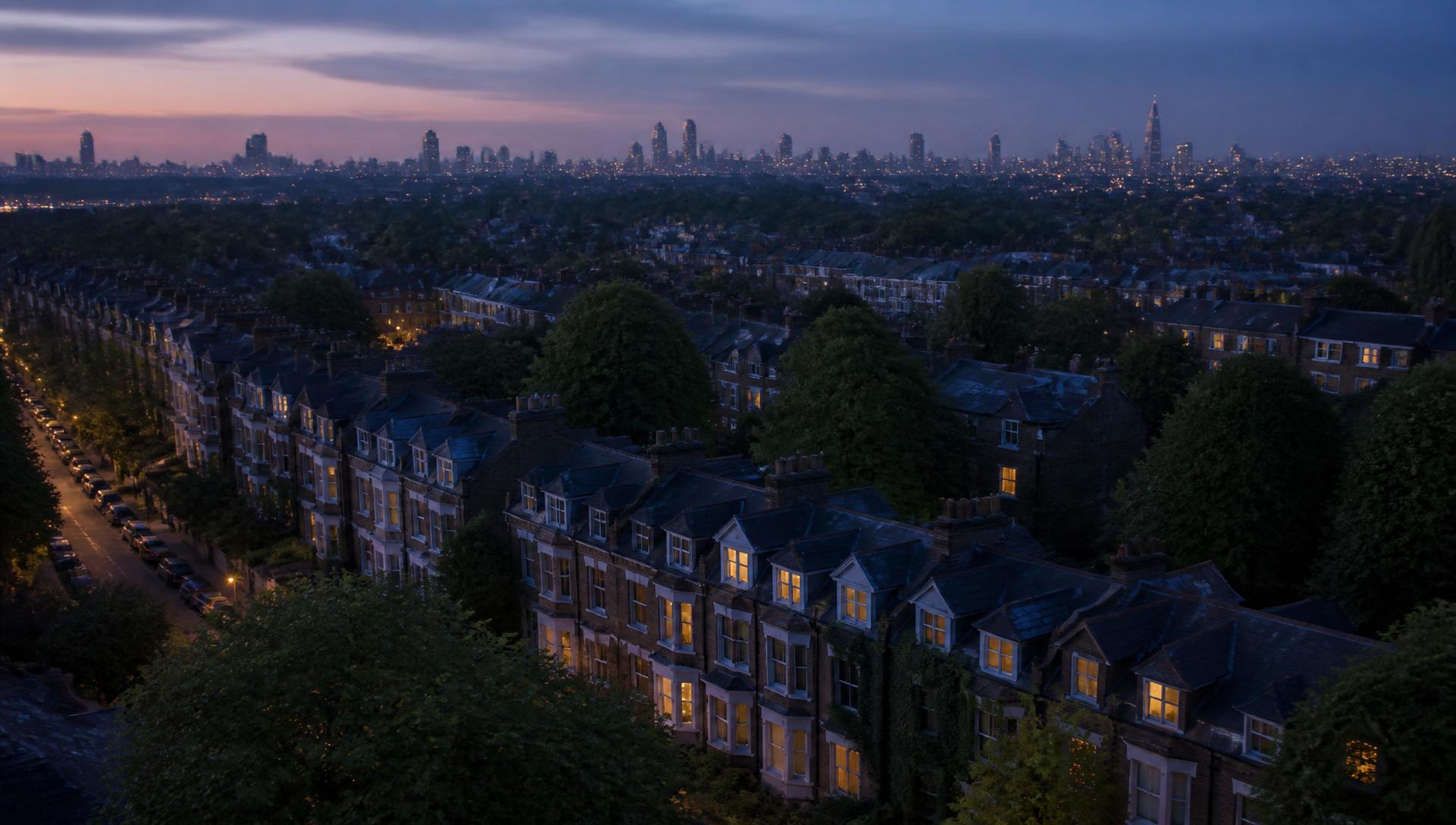 Twilight aerial view of North London terraces with the city skyline beyond